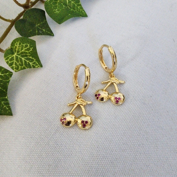 Jewelry - Gold Cherry Dangle Huggie Hoop Earrings